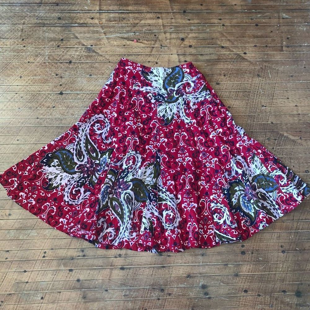J Peterman red paisley Jacobean 2 corduroy long riding skirt